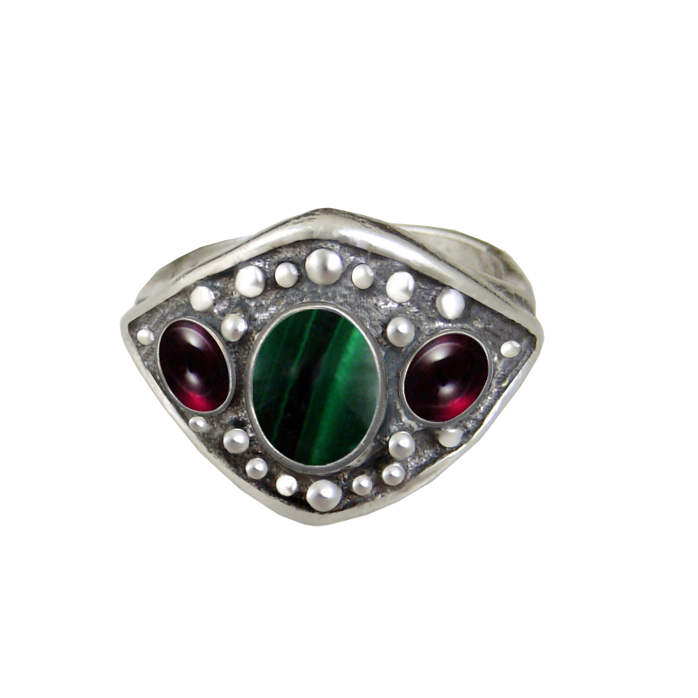 Sterling Silver Medieval Lady's Ring with Malachite And Garnet Size 6